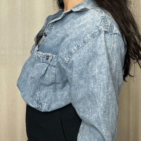 vtg 80s Courtney Rhodes cotton blouse acid wash look button up retro medium - Picture 7 of 9